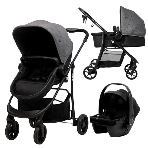 Asalvo PORTO Trío Convertible Cochecito Bebe 3 Piezas, Plegable, Compacto y Reclinable Silla de Paseo, con Silla Coche Bebé, Accesorios, Silla Reversible, Amplio Capazo, Antracita Gris
