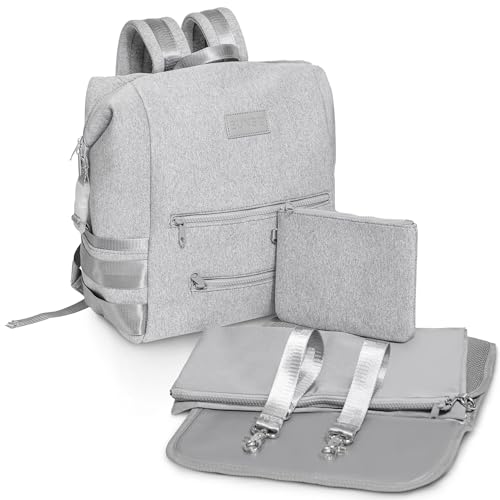 Image of BUNSO Neoprene Diaper Bag Backpack, Water-resistant, Travel Baby Bag With Changing Pad, Stroller Straps, Wet Bag and Pouch (Gray)