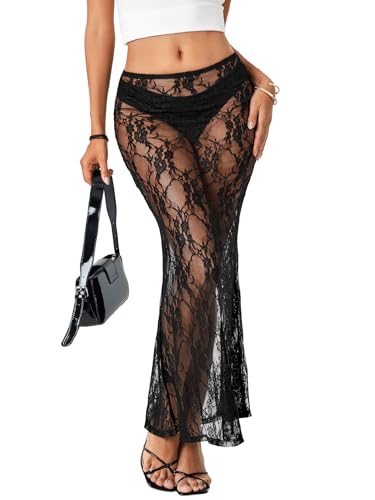 Rooscier Womens Lace A Line Sheer Maxi Skirt High Waist Summer Sexy Beach Skirts Solid Black X-Large