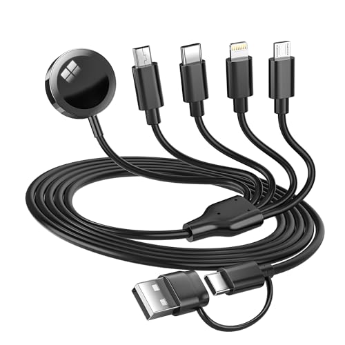 YIFYSUN 5-in-2 Multi Charging Cable for Apple Watch Charger: USB A/C Input, Lightning/Type C/Micro/Mini B/Wireless Output, Compatible with iPhone 15-13, iWatch 1-9, Galaxy S23-22, 4FT (Black)