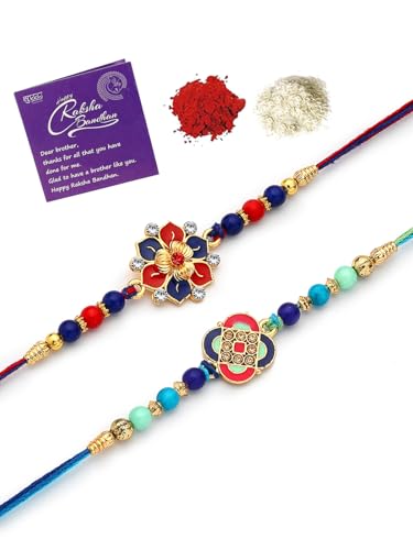 Image of Sukkhi Rakhi Iconic Designer Kundan Meenakari Red Green Gold Plated Premium Rakhi for Brother with Roli Chawal & Greeting Card|Rakhi for Brother /Bhaiya /Bhai /Men|Rakhi Combo-Set of 2