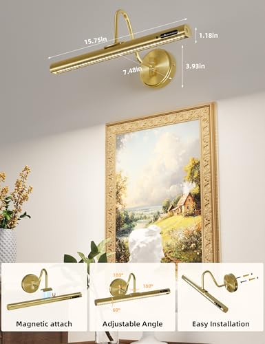 VOLISUN Picture Lights for Wall, 15.7'' Rechargeable Picture Light Battery Operated, 3 Color Temps Cordless Picture Light with Remote, Magnetic Art Light for Painting, Gallery, Portrait, 1 Pack(Brass)