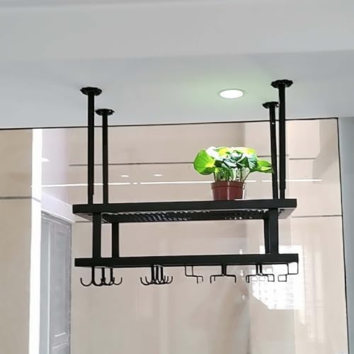 Industrial Rustic 2-Tier Ceiling Wine Rack with Glass Holder - Modern Metal Wine Storage Shelf for Bar, Kitchen, Restaurants & Pantries - Commercial Grade Wine Organizer