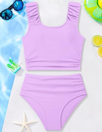 Image of Girls Tankini Swimsuit 2 Piece Bathing Suit Twist Cross Back Cutout Swim Tank Top Floral Print Swimwear for 7-18Y