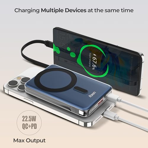 Image of Foxin Mag One Wireless 10000mAh Fast Charging Power Bank with Metal Stand | USB Type C Input & Output, 22.5W Portable Charger for iPhone 12 & Above, Android & Qi Enabled Devices | Stellar Blue