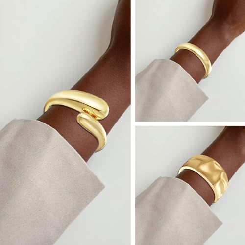 3 Pcs Gold Cuff Bracelets Set,Trendy Chunky Cuff Bangle Bracelets for Women,Boho Chic Open Cuff Bangle Stackable Arm Jewelry4