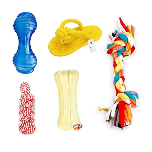 Foodie Puppies 4-in-1 Dog Chew Cotton Rope Combo Toy for Dogs (2 Knot Rope, Corn Stick, Slipper, & Rubber Dumbbell Toy with Free 3-Inch Bone) for Playing, Teeth Cleaning & Training (Color May Vary)