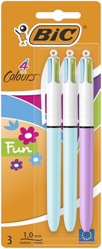 BIC 4 Couleurs Fun Stylos-Bille Rétractables Pointe Moyenne (1,0 mm) - Couleurs Fantaisie Assorties, Blister de 3