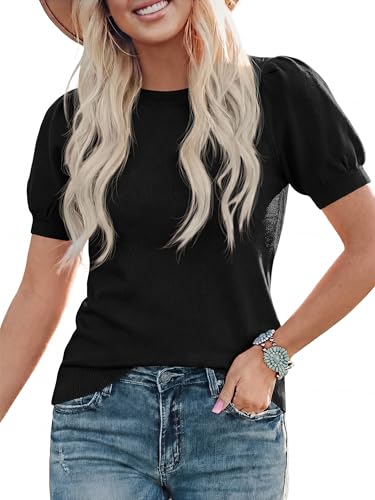 Image of PRETTYGARDEN Womens Sweaters Spring 2026 Summer Puff Short Sleeve Sweater Trendy Cute Knit Work Blouses Business Casual Tops