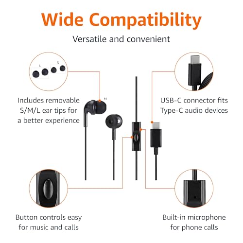 Image of Amazon Basics Wired Earbuds with Microphone, in Ear Headphones, USB-C, 2 Pack