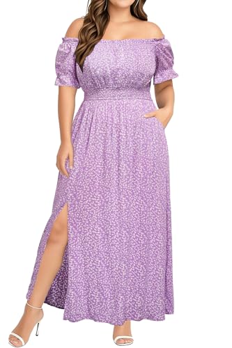 Image of Holipick Women's Off The Shoulder Boho Dress Plus Size Floral Smocked Waist Split Summer Maxi Sundress with Pockets