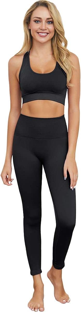 JetjoyOutfits for Women 2 Piece Set,Workout High Waist Athletic Seamless Leggings and Sports Bra