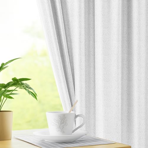 Image of LINENWALAS 100% Blackout Curtains for Door (8 Feet) - Set 2 Panels Linen Texture with Geometric Floral Pattern Complete Light Blocking with Thermal Insulated, Nose Reducing Backing (Cloud White)