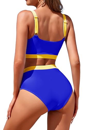Image of Womens High Waisted Bikini Sets Sporty Crop Top Color Block Swimwear Bandeau Scoop Neck Vintage Two Piece Bathing Suits