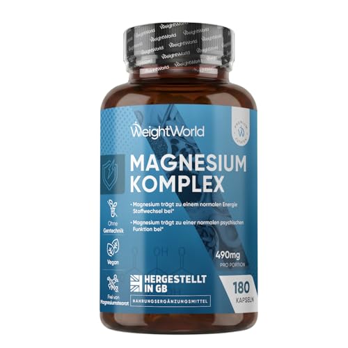 Magnesium Komplex 4 in 1-400mg Elementares Magnesium & 90mg Leucin pro Portion - 3 Monate Vorrat - 1700mg von Magnesium Bisglycinat, Citrat, Malat, Taurat - 180 vegane Kapseln - WeightWorld