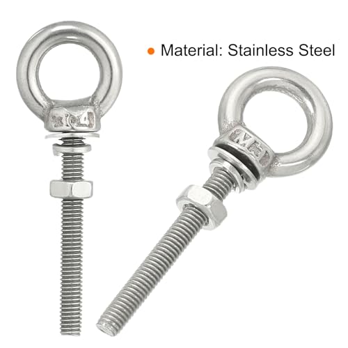 Image of uxcell M3*25 1 /8 inchx0.98 inch Stainless Steel Eye Bolts Threaded Screw Eyebolt Shoulder Ring with Nuts Washers for Lifting Hanging, 4 Set