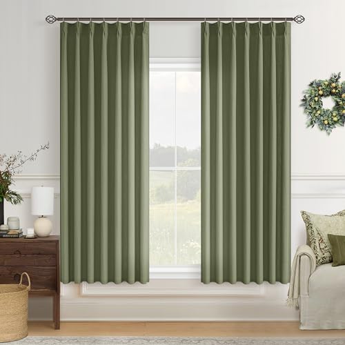 Image of Olive Green Pinch Pleated Linen Semi Sheer Curtains 63 Inch Long