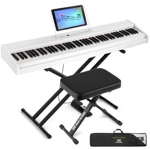 MUSTAR E Piano Digital 88 Tasten Keyboard mit halbgewichteten & Bluetooth Portable Set mit Sustain Pedal Keyboardständer und Tragetasche (Weiß & Pianobank)