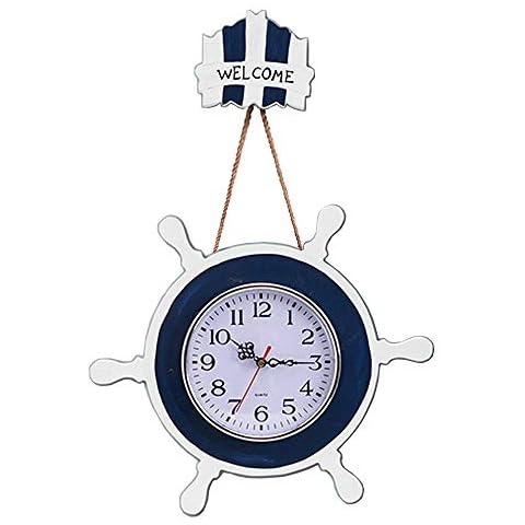 RTGGSEL Retro Mediterranean Sailboat Steering Wheel Helm Wooden Wall Hanging Clocks Nautical Welcom Sign Home Decor Wall Clock Ornament (White & Blue) Cover