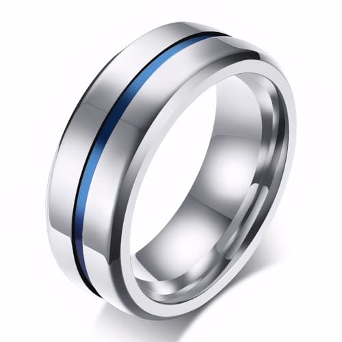 MMTTAO Men's Titanium Ring Wedding Bands for Men Women 6MM 8MM 10MM Black/Blue/Silver Engagement Band Wedding Rings Beveled Edge Brushed Matte Finished & Polished Grooved Center Comfort Fit Size 6-13