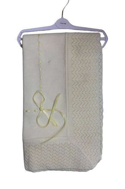 New Adorable Baby Blanket Spanish Knitted Shawl with Ribbon: Soft and Stylish Wrap for Your Little One (Lemon)