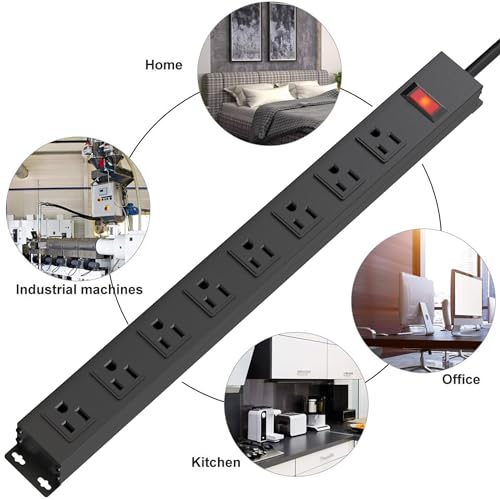 Image of 8 Outlet Metal Power Strip 10ft,Workshop Heavy Duty Power Strip Wide Spaced with Long Cord for Kitchen,Office,School,Commercial,Industrial,1825W /125V /15A,Black (10FT)