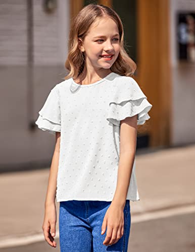 Hopeac Girls Shirts Casual Ruffle Short Sleeve Crewneck Blouses Solid Kids Swiss Dot Summer Tops White #TOP4