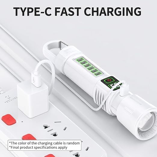 Image of TRENDING Rechargeable LED Flashlight with Side COB Work Light, Digital Battery Display, High /Low Beam, Flash & Red Blue Emergency Strobe, Hanging Hook Torch for Camping, Hiking, Car Repair (White)