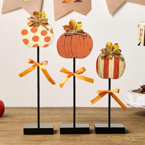 Allorry Fall Decorations 3 Pcs Wooden Pumpkin Decor Fall Pumpkin Table Tiered Tray Decor for Indoor Outdoor Home Party Mantle Thanksgiving Farmhouse Harvest Holiday MZ-003A