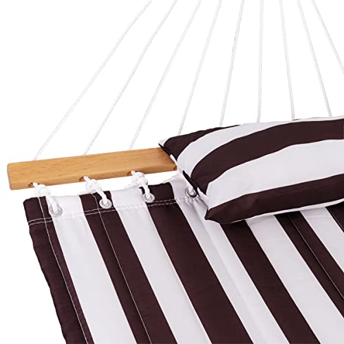 Harbourside Hammocks Quilted Fabric Hammock With Spreader Bar, 2 Person Double Hammock With Pillow And Chains, Hammock For Outdoor Outside Patio Poolside Backyard Beach 450 Lbs Capacity,Brown&White #TOP2