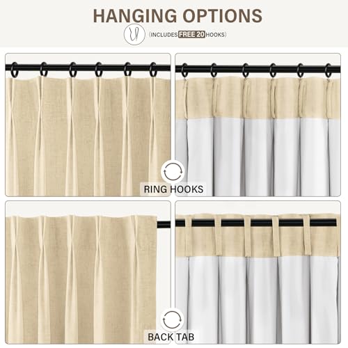 Pinch Pleated Blackout Curtains 144 Inch Long, Linen Blend, 100% Blackout Drapes with 20 Hooks, Ideal for Bedroom and Living Room, 40" W x 144" L (Pack of 2), Dark Linen