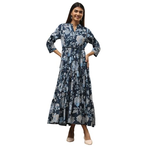 Image of Biba Women's Cotton 3 /4 Sleeves Calf Length Band Collar A-Line Floral Printed Casual Dress