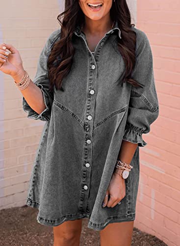 Image of Sidefeel Womens Smocked 3 4 Sleeve Button Down Denim Jeans Dresses