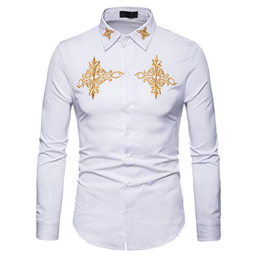 iHENGH Hommes Tops,Automne Hiver Luxe DéContracté De Broderie Chemise à Manches Longues Blouse Chemisier Hauts