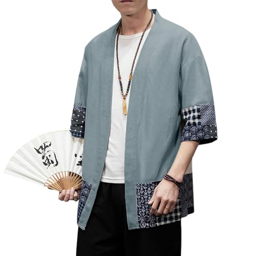 Image of PRIJOUHE Men's Kimono Jackets Cardigan Lightweight Casual Cotton Blends Linen Seven Sleeves Open Front Coat Outwear