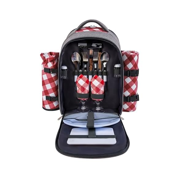 apollo walker Picnic Backpack Bag with Cooler Compartment, Detachable Bottle/Wine Holder, Fleece Blanket, Plates and Cutlery Set (2 Person, Gray)
