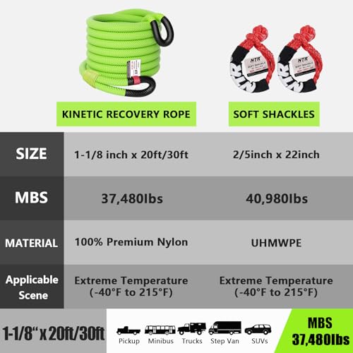 Image of NTR 1-1 /8 inch x 30' Kinetic Recovery Tow Rope (37,480lbs), with 2 UHMWPE Soft Shackles (40,980lbs), Heavy-Duty Offroad Snatch Strap, Vehicle Recovery kit for Jeep car Truck ATV UTV SUV