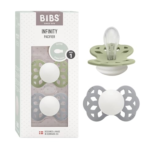 Image of BIBS Infinity Symmetrical Glow in the Dark Soother 2-Pack, BPA Free, Symmetrical Nipple. Silicone, Made in Denmark, Size 1 (0-6 Months), Sage Glow/Cloud Glow