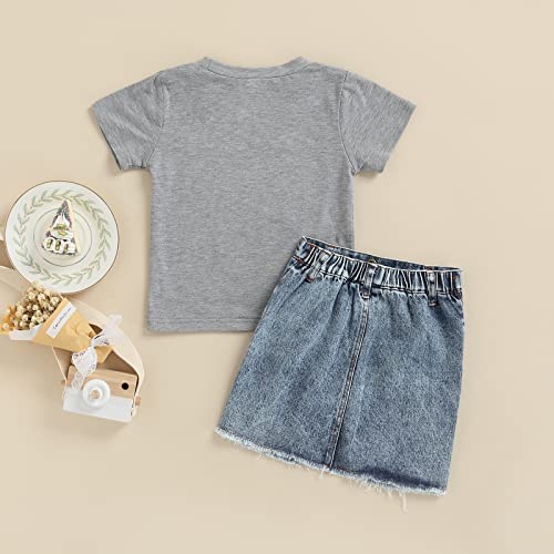 2Pcs Todder Girls Summer Clothes Outfits Short Sleeve Popcorn Pattern T Shirt And Pearl Denim Skirt Set 1-6T (Gray, 18-24 Months) #TOP2
