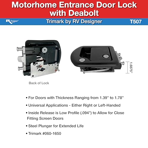 Image of RV Designer T507 TriMark Motorhome Entrance Door Lock with Deadbolt - Fit for 1.38-1.58 inch RV Motorhome Doors - Right /Left-Hand Use - FMVSS 206 Compliant (Pack of 6)