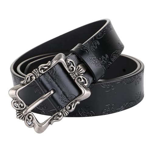 Women's Decorative Belt Women Versatile Embossed Genuine Leather Belt Vintage Decorative Pants Belt with Pin Buckle(Black)