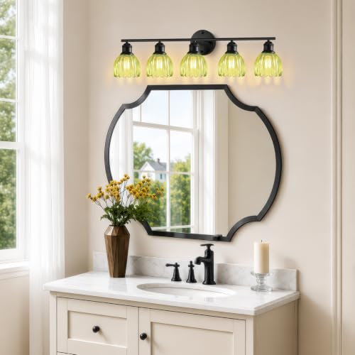 Image of Bathroom Light Fixtures, 5-Light Brushed Black Vanity Lights for Bathroom with Green Tulip Glass Shade, 30 inch Vintage Bathroom Vanity Lighting Fixtures Over Mirror for Bedroom Living Room Hallway