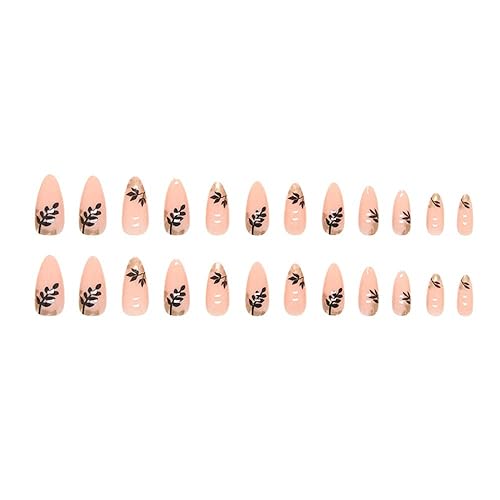 Miniatura 3 de Uñas postizas a presión de color rosa con forma de almendra, medianas, con flores, cobertura completa, brillantes, acrílicas, francesas, uñas
