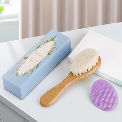 MolYuan Baby Haarbürste, Hölzerne weiche ziegenhaarbürste, Baby Silikon Haar Cradle Cap Pinsel Set für Neugeborene, Kleinkinder, Haarbürste Baby Set (2 Stück (Lila Silikonbürste + Haarbürste))