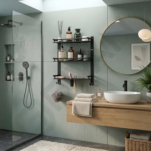 Image of GRIVAN Stainless Steel 3-Tier Bathroom Accessories Set - Heavy Duty Bathroom Shelves with Dual Soap Holder, Toothbrush Holder & Tumbler | Wall Mounted Bathroom Organizer
