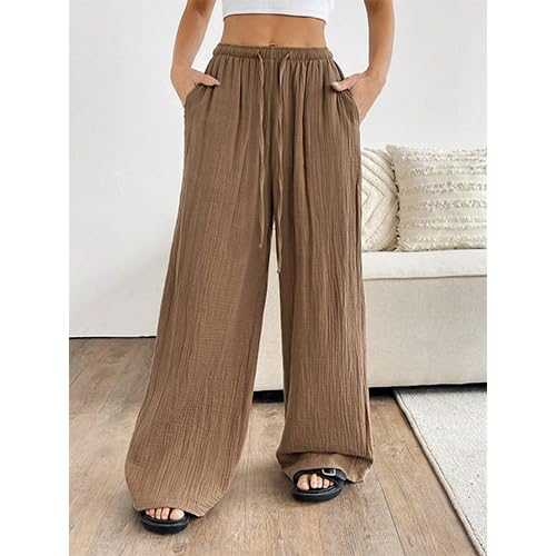 Women High Waisted Crinkle Straight Wide Leg Loose Casual Long Pants4