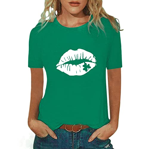 St. Patrick's Day Shirts Gifts for Women Green Lipstick Kiss T-Shir Short Sleeve Casaul Crewneck Pullover Tshirt Blouse