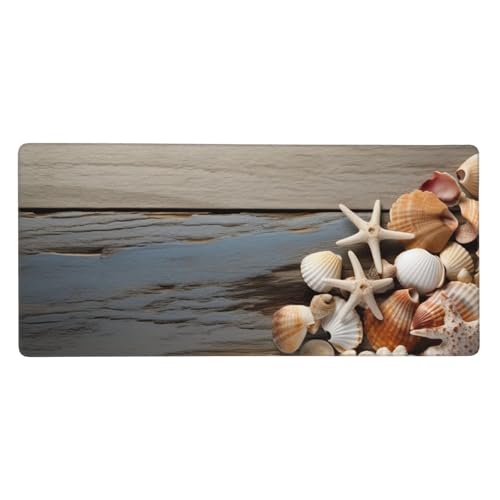 Tapis de souris de jeu XXL 90x40 cm pour le télétravail et le gaming décor bois et coquillages