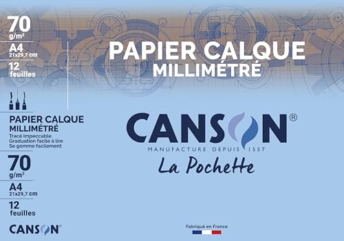 CANSON - Pochette 12 feuilles de papier calque millimétré bistre - A4 - 70g/m²