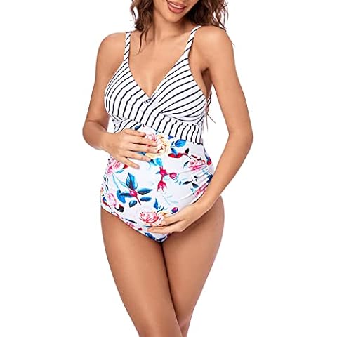 Ziola Women's Maternity Swimsuit One Piece Front Cross Swimsuit V-Neck Pregnancy Swimwear Monokini, Navy White Stripe, X-Large Cover